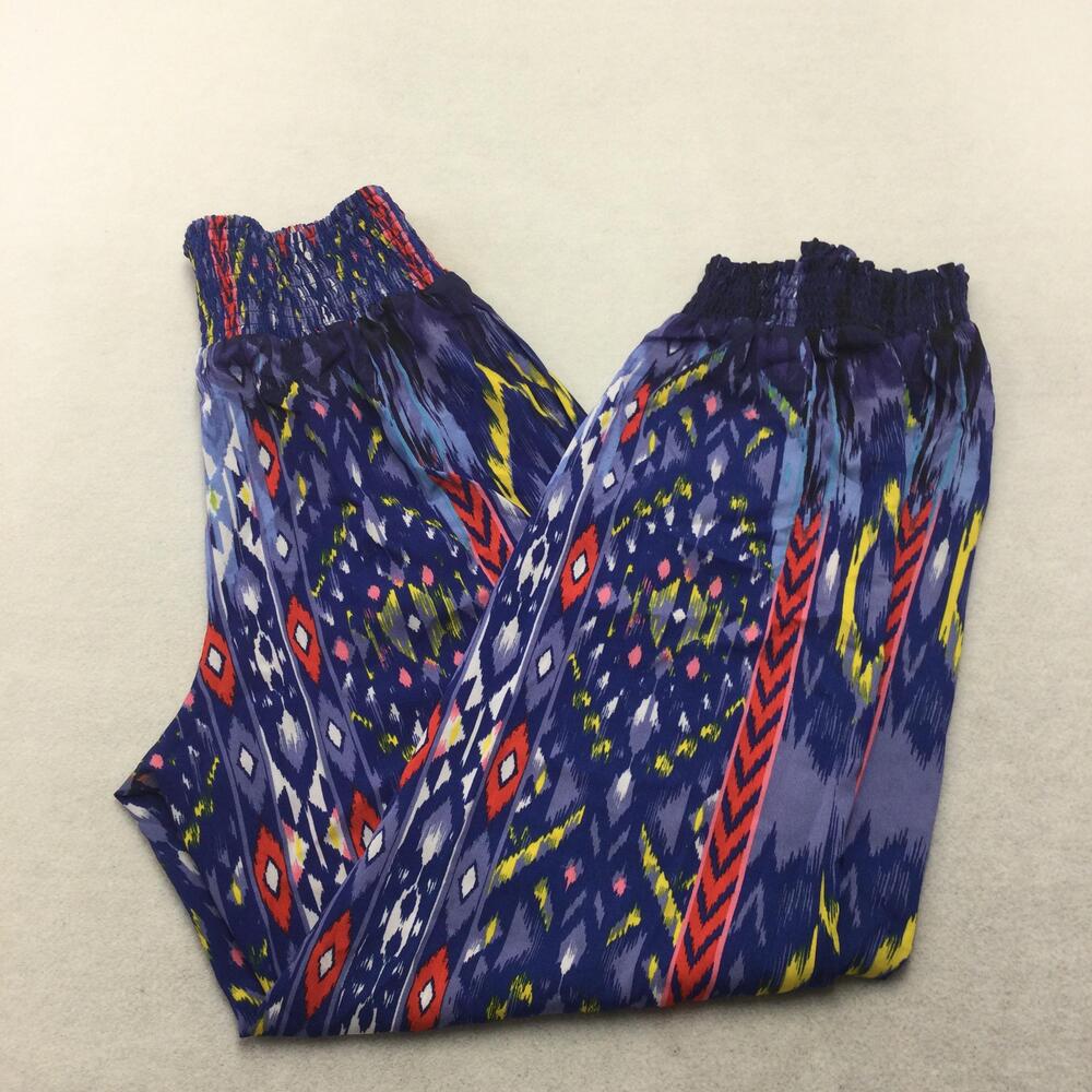 Bebe Pants Womens Medium Blue Tribal Print Chiffon Jogger Elastic Waist Boho
